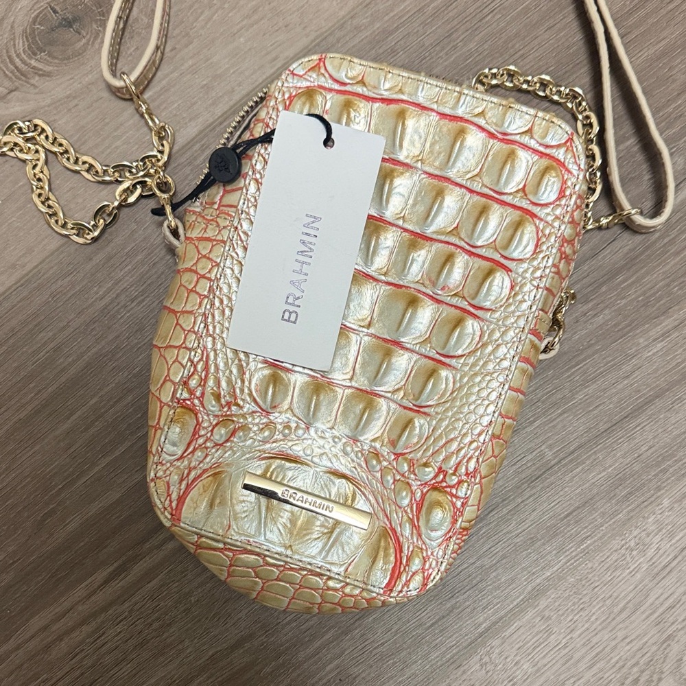 Brahmin Gold and Coral Croc-Embossed Crossbody Bag